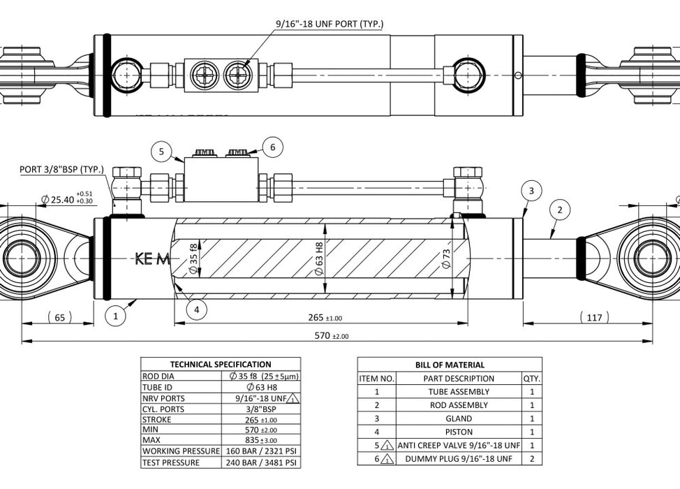 Hydraulic Top link Cylinder CAT2 2.5" X 10.5" including NRV Valve