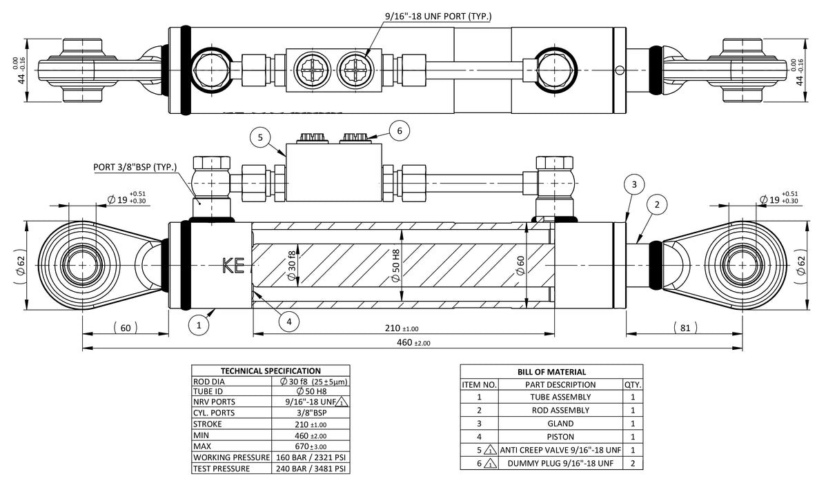 Hydraulic Top link Cylinder CAT1 2" X 8" including NRV Valve