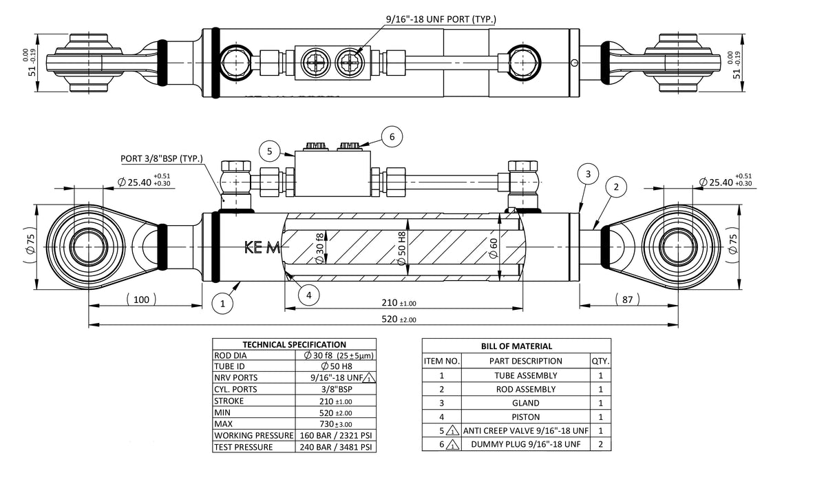 Hydraulic Top link Cylinder CAT2 2" X 8" including NRV Valve